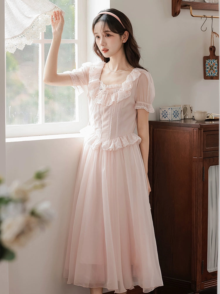 dress heavy industry lace on the run princess long dress tea gas small skirt women's summer lolita small dress