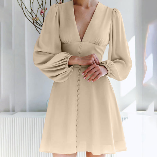 2025 chiffon V-neck waist atmosphere commuter dress popular  autumn fashion New new short skirt