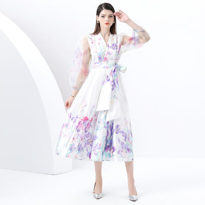 style New Popular trade women's fashion printed dress, socialite waist lantern sleeve big swing elegant long dress