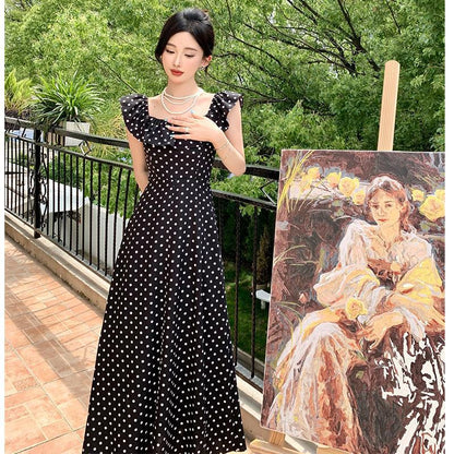 2025 Hepburn retro polka dot square neck dress one-word shoulder ruffle edge waist thin holiday dress and ankle skirt