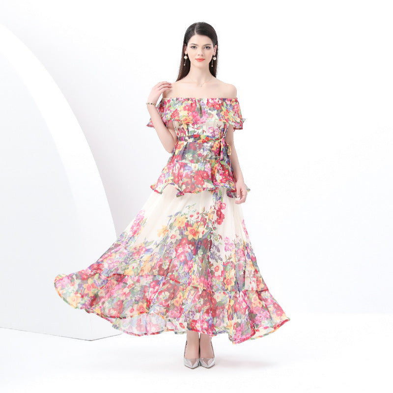 style sexy one-word shoulder chiffon printing high-end three-dimensional ruffle edge waist thin dress vacation dress