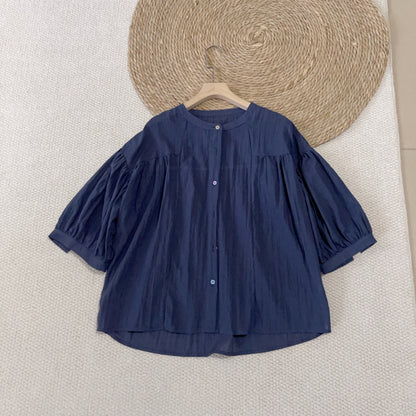 2025 Summer Japanese Literature and Art Mori Small Stand-Up Collar Middle Sleeve Color Button Doll Shirt Small Shirt