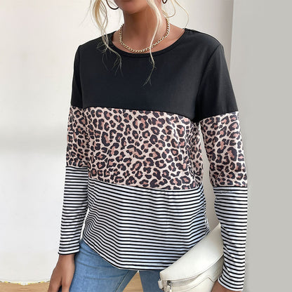 LOVEVOP Popular trade popular autumn 2025 contrasting color pullover top round neck street leopard print splicing bottoming T-shirt women