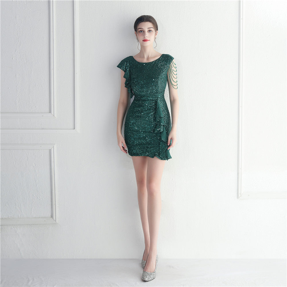 19989 #Hot trade spot beaded sequined short skirt car model Internet celebrity nightclub party sexy hip wrap short dress