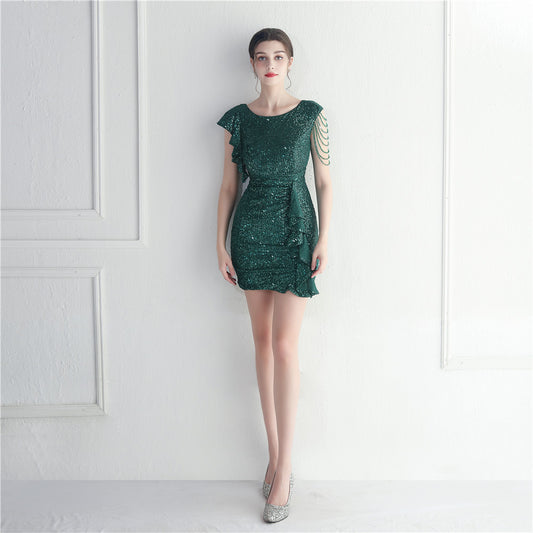 19989 #Hot trade spot beaded sequined short skirt car model Internet celebrity nightclub party sexy hip wrap short dress