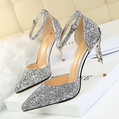 2025 283-5  style fashionable and sexy hollow nightclub showing thin metal heel high heel sparkling sequins with sandals