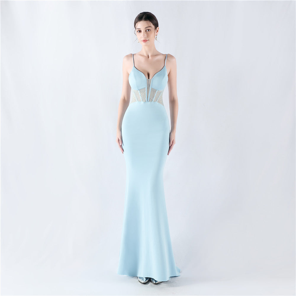 31916 #Hot trade new heavy industry fishbone vest shaping mesh yarn hot diamond sling hip fish tail evening dress