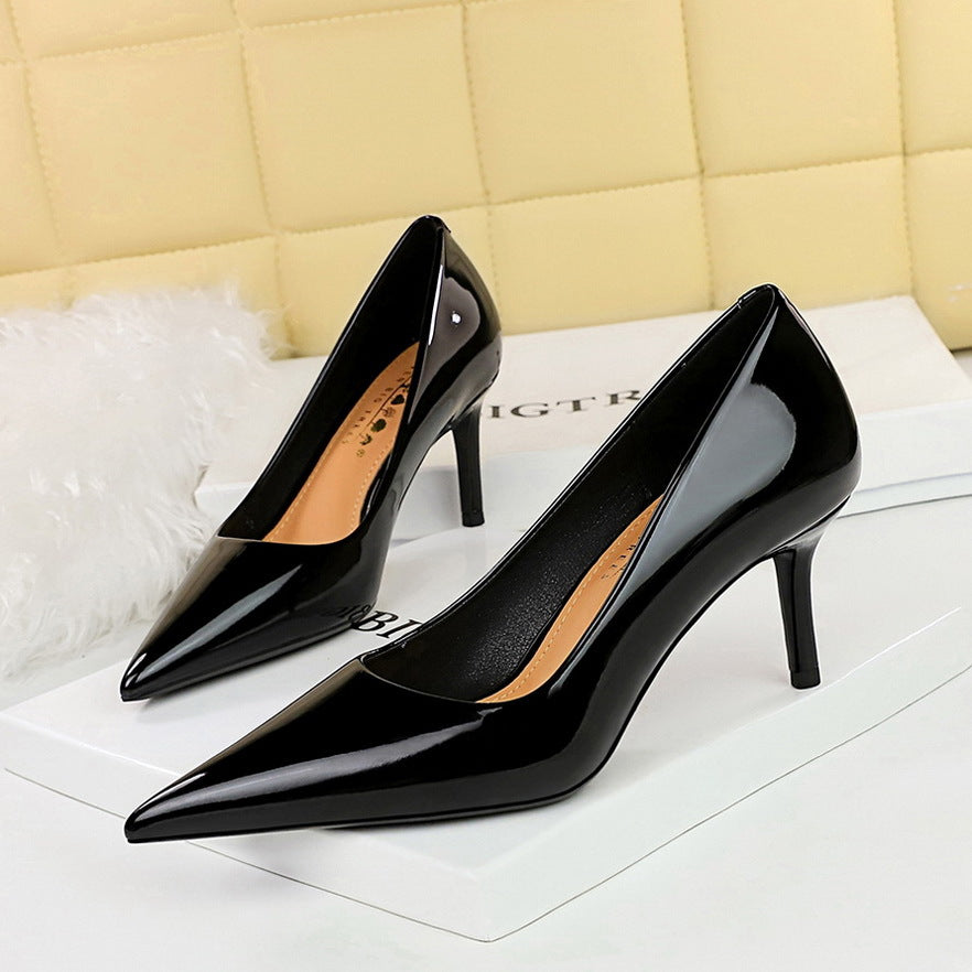 2025 7236  style fashion simple glossy patent leather women's shoes high heels thin heels shallow mouth pointed thin high heels single shoes