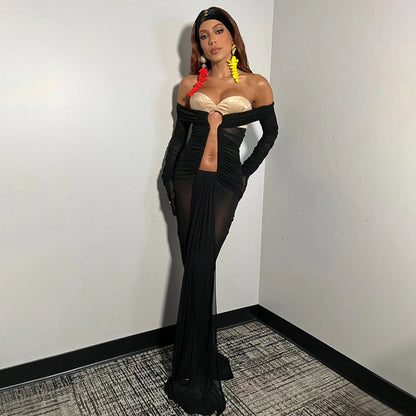 LOVEVOP popular summer new black apricot hollow pleated mesh  sexy  women's long dress