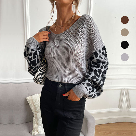 LOVEVOP Popular trade autumn and winter popular new V-neck knitted pullover top loose and lazy leopard print splicing sweater women