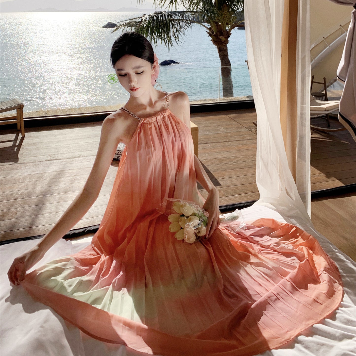 2025 Color printing pleated neck dress women's summer new loose sleeveless big skirt super fairy seaside vacation dress