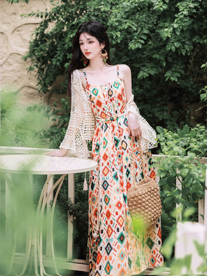South  seaside vacation floral suspender dress women's summer loose long dress with hollow crochet jacket two-piece set