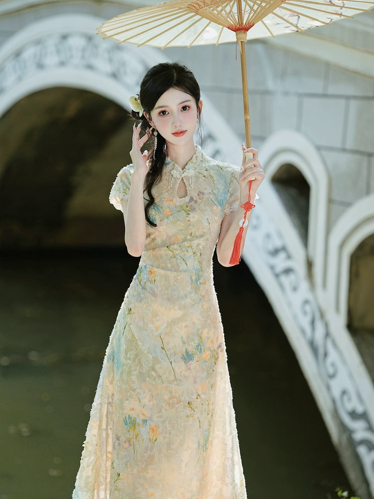 Republic of China style women's clothing new Chinese style beautiful cheongsam summer girl young retro burning flower temperament thin dress