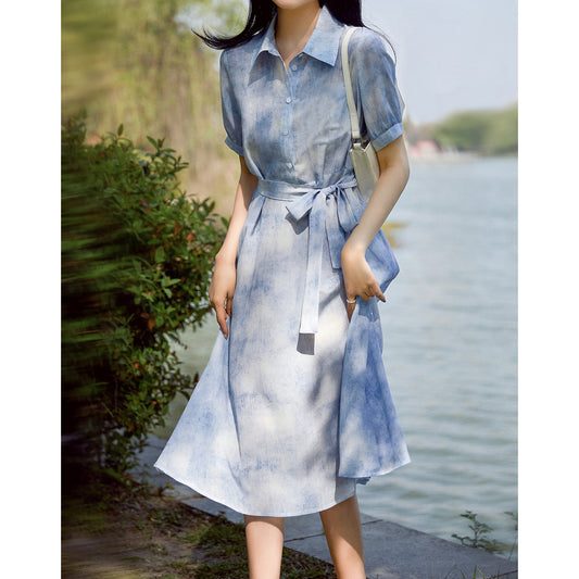 2025 High-end heavy mulberry silk shirt long skirt,  tie-dye blue silk dress  women's summer