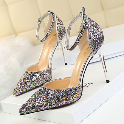 2025 283-A1  sexy nightclub women's shoes high heel shallow mouth pointed metal thin heel with sequined hollow sandals