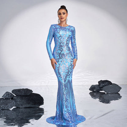 2025 high-end long-sleeved temperament round neck sexy long sequined banquet evening dress bridesmaid dress women