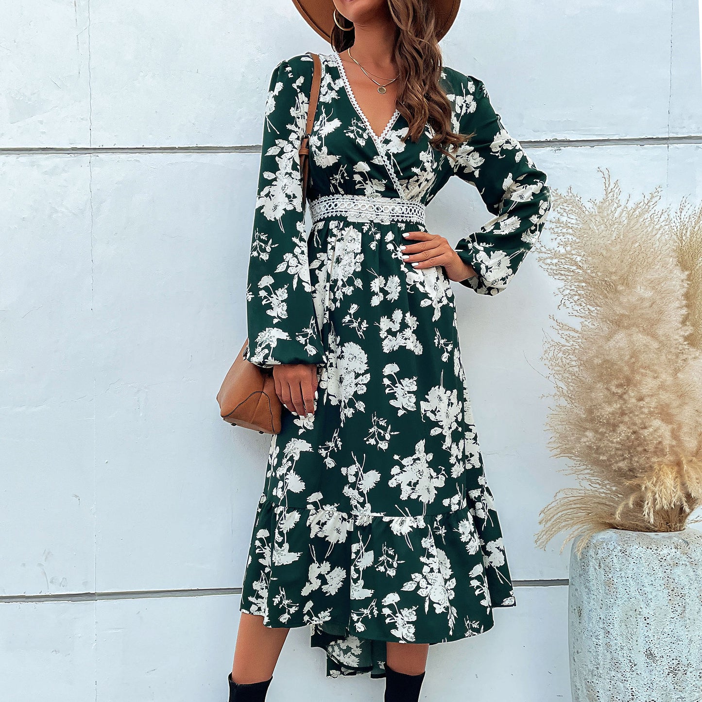 LOVEVOP 2025 fashion women's clothing Hot new splicing lace skirt long sleeve printing irregular dress