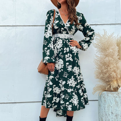 LOVEVOP 2025 fashion women's clothing Hot new splicing lace skirt long sleeve printing irregular dress