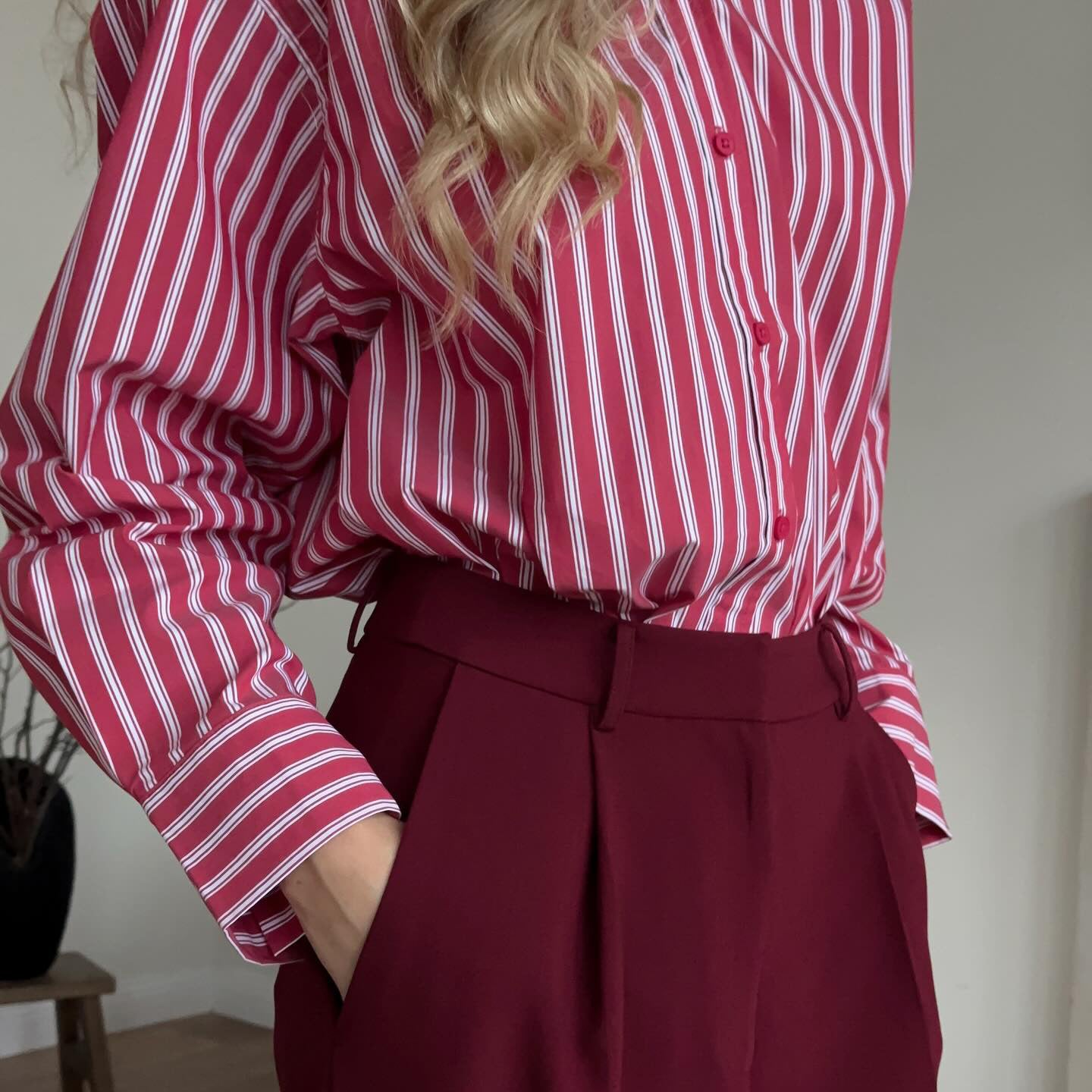 New new red striped shirt niche design British women's long-sleeved women's lining