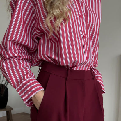 New new red striped shirt niche design British women's long-sleeved women's lining