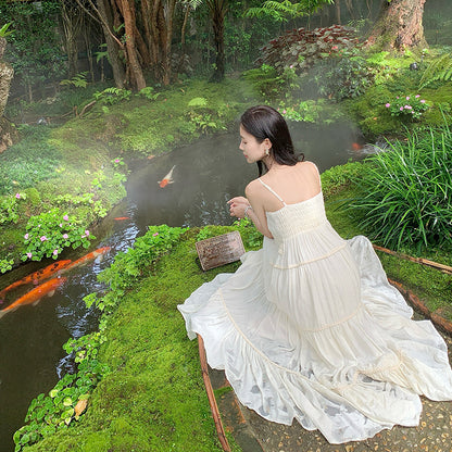 2025 gentle style beige holiday suspender skirt women's summer new temperament Muse fan high waist super good-looking dress