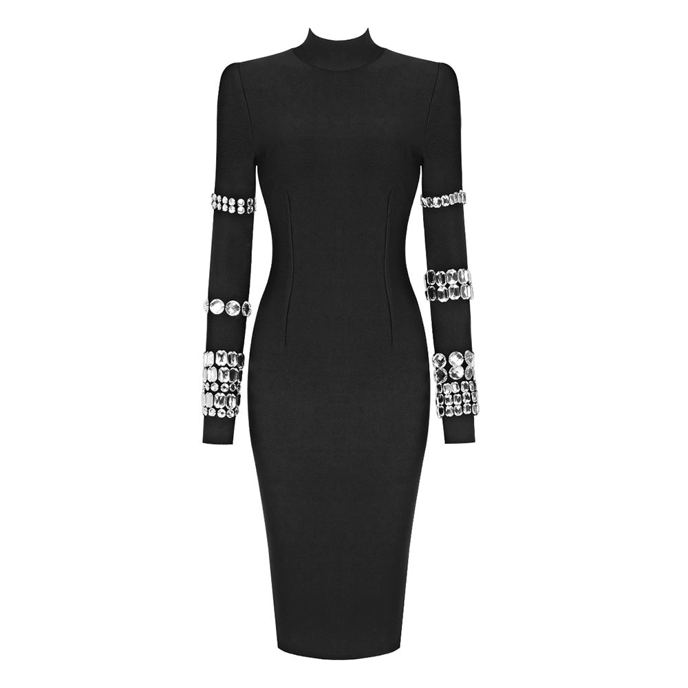 LOVEVOP  black heavy industry diamond-encrusted long-sleeved turtleneck bandage dress high-end sense slim-fitting knitted women's clothing autumn and winter models