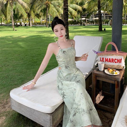 2025 New Chinese ink printing neck dress, high-end temperament, zen national style dress, waist suspender long dress, women