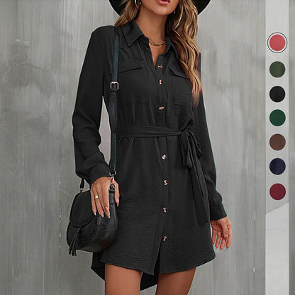 LOVEVOP Cross-border  Hot autumn 2025 cardigan shirt lapel women's commuter lace-up shirt dress