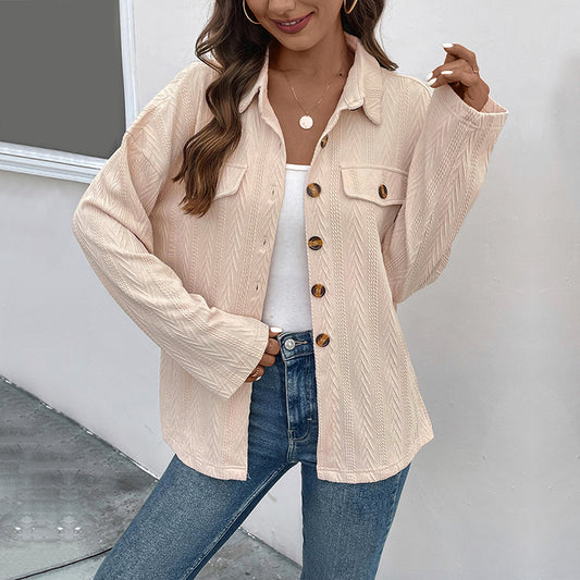 LOVEVOP 2025 cross-border Hot early autumn thin solid color shirt knitted texture shirt jacket button-down lapel women's shirt