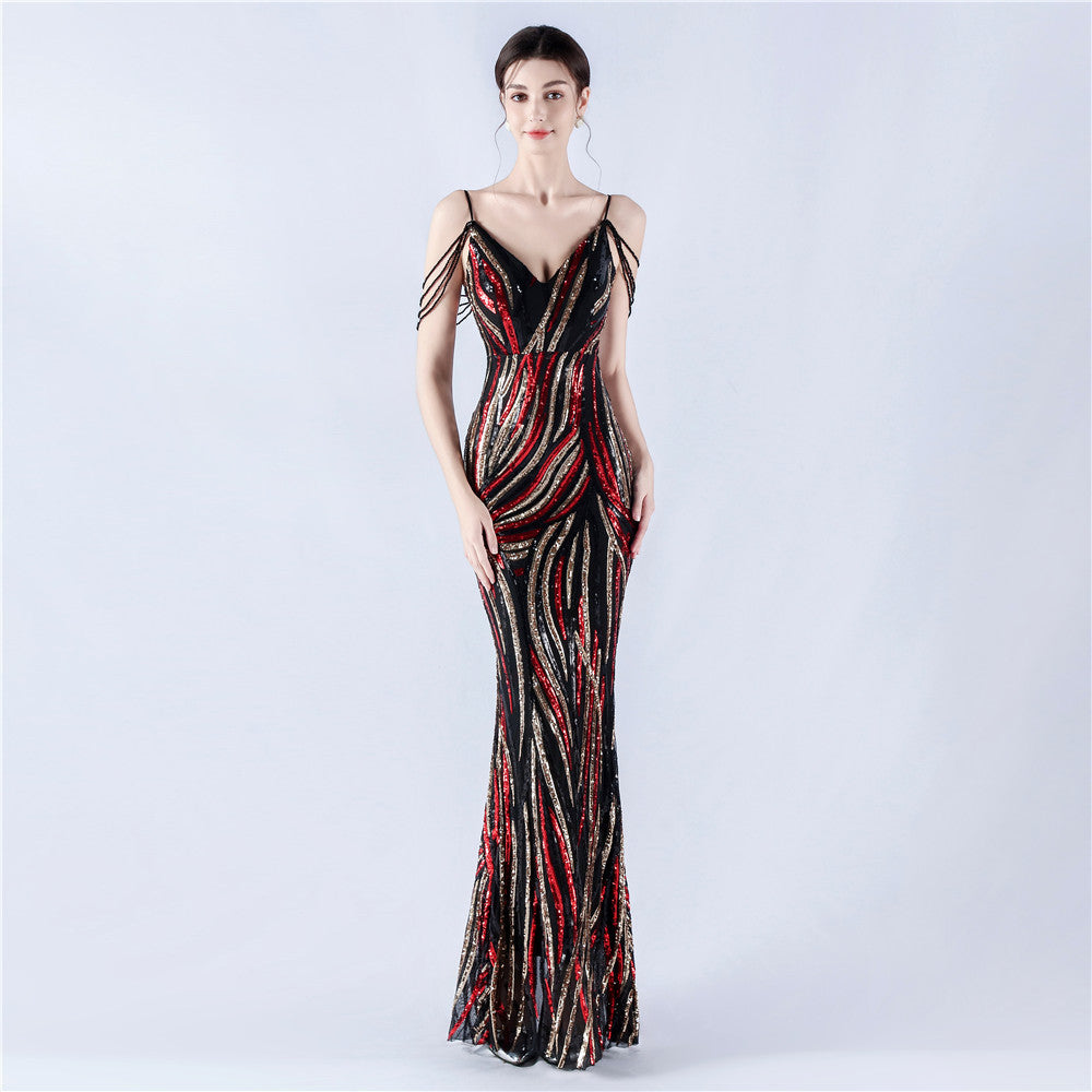 33028 #Hot trade new sequined striped color matching slim-fitting dinner host annual meeting suspender long dress women