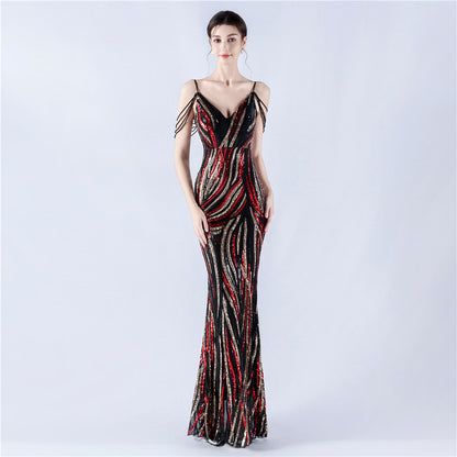 33028 #Hot trade new sequined striped color matching slim-fitting dinner host annual meeting suspender long dress women