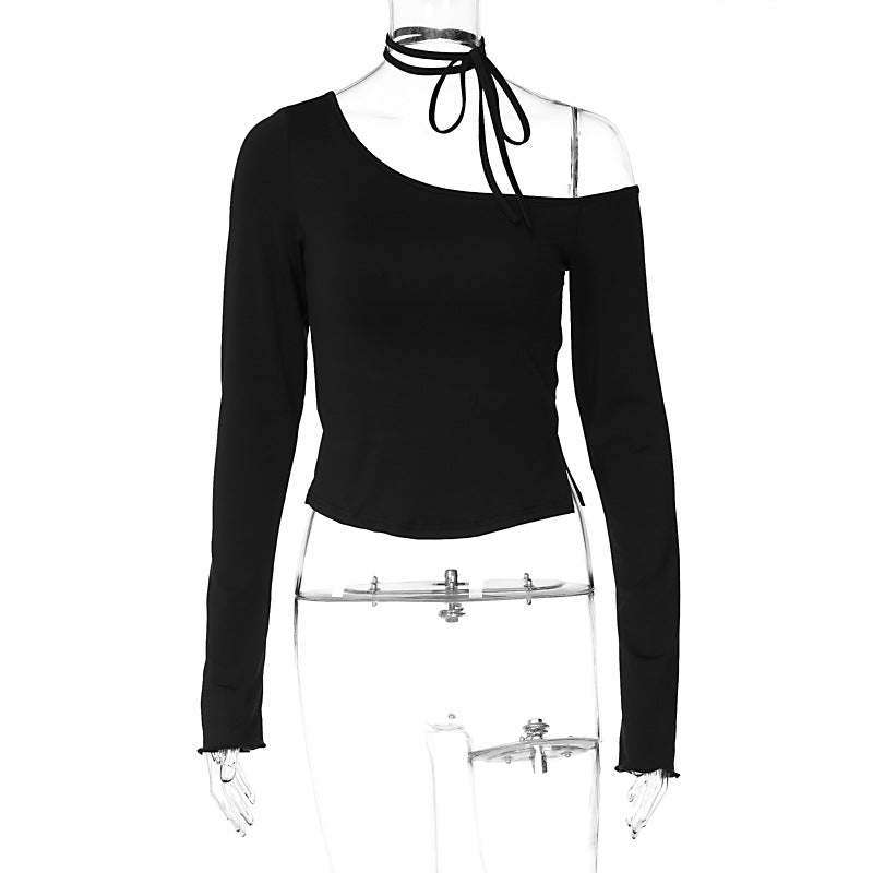 LOVEVOP 2025 INS style women's clothing Hot summer new fashionable solid color slanted shoulder slim shoulder sexy long-sleeved T-shirt top