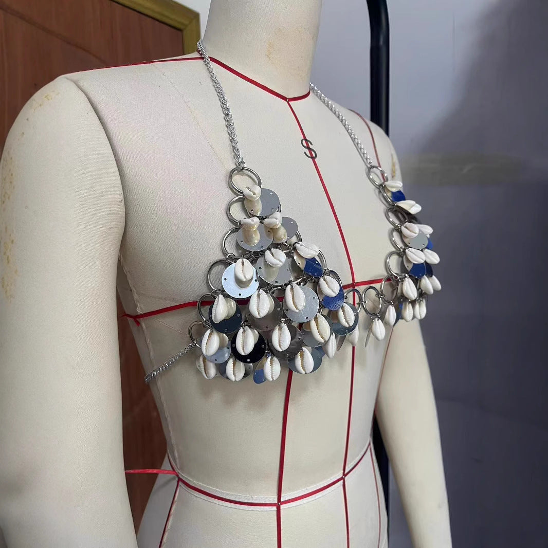 2025 L4888Y  new metal ring chest chain conch sequined pendant fashionable neck chest chain body chain real shot