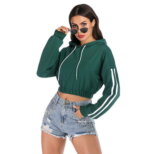 LOVEVOP New popular autumn 2025 women's clothing sports striped green short long-sleeved hooded navel sweater women