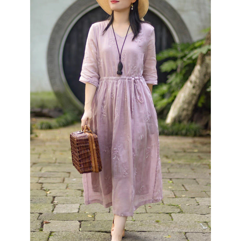Temperament embroidery v-neck waist thin dress  summer new high-end embroidery lace-up dress women