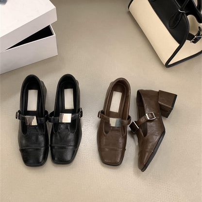 2025  Evening Wind Square Head Thick Heel Soft Leather Metal Buckle Mary Jane Shoes Women's Spring and Autumn New Light Mouth T-Buckle Strap Single Shoes