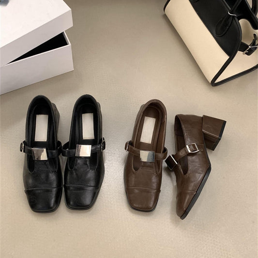 2025  Evening Wind Square Head Thick Heel Soft Leather Metal Buckle Mary Jane Shoes Women's Spring and Autumn New Light Mouth T-Buckle Strap Single Shoes