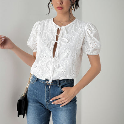 LOVEVOP 2025 2025 summer new  hollow onesie hot-selling lace-up open placket bubble sleeve shirt women