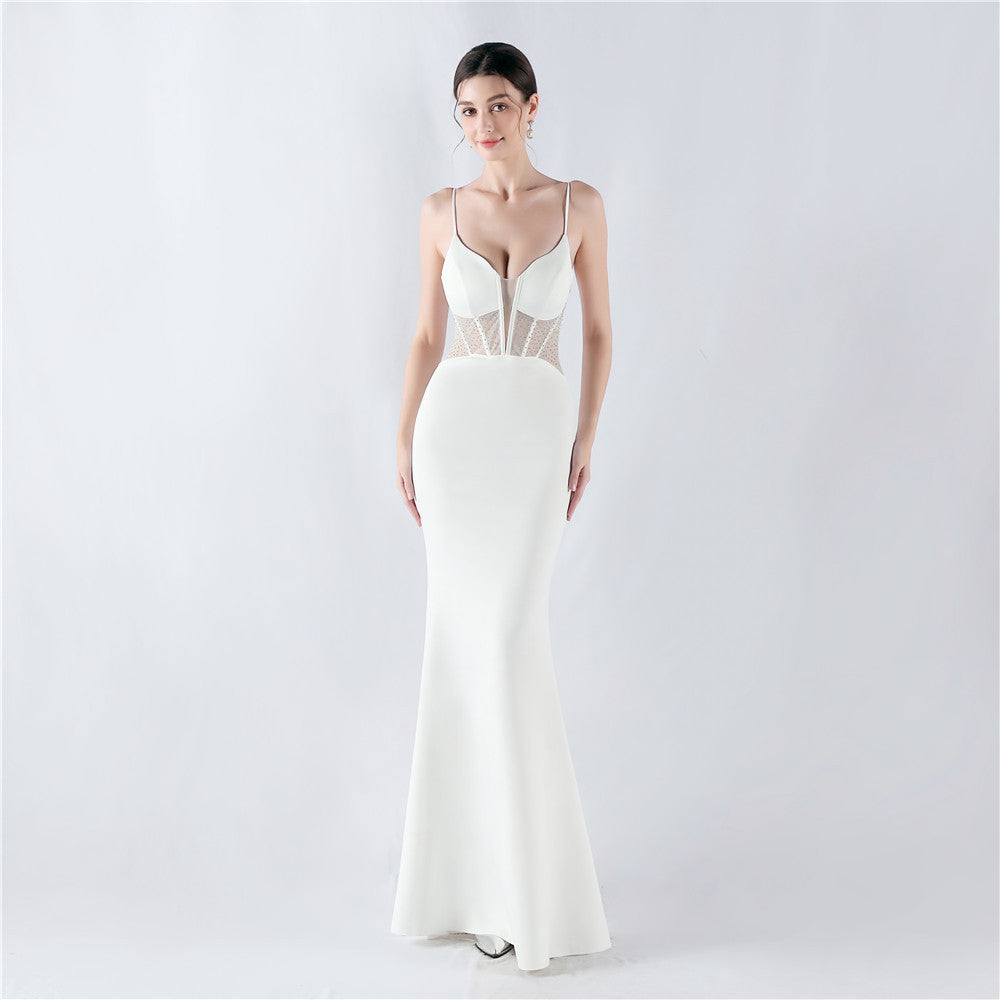 31916 #Hot trade new heavy industry fishbone vest shaping mesh yarn hot diamond sling hip fish tail evening dress