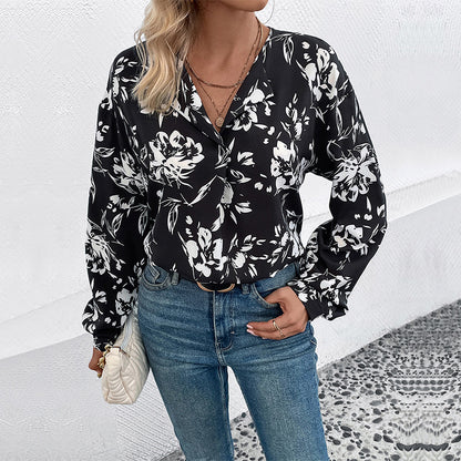 LOVEVOP cross-border Hot popular v-neck loose printing shirt 2025 women's shirt top V-neck long-sleeved shirt