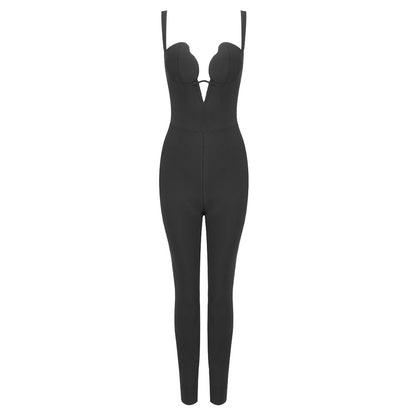 LOVEVOP  spring new black suspender jumpsuit elastic bandage sexy women's clothing  tight-fitting onesie