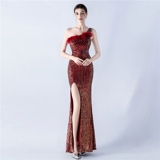 33011 #Popular trade dress heavy industry beaded hair single shoulder oblique collar high fork sequined dinner dress