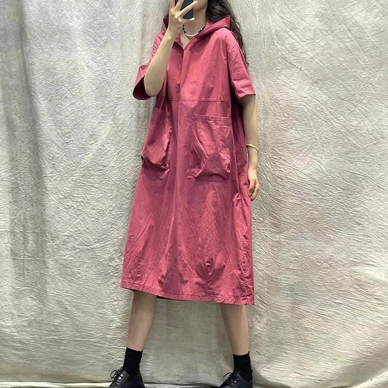 Hooded short-sleeved dress women's  summer new retro literary loose large size thin casual medium and long dress