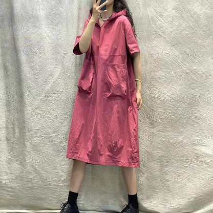Hooded short-sleeved dress women's  summer new retro literary loose large size thin casual medium and long dress