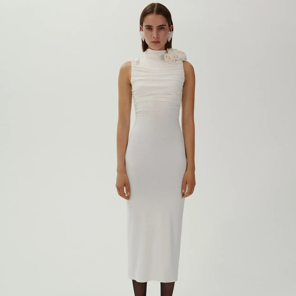 LOVEVOP popular new long dress sleeveless pleated three-dimensional flower design sense hip white temperament  women's dress