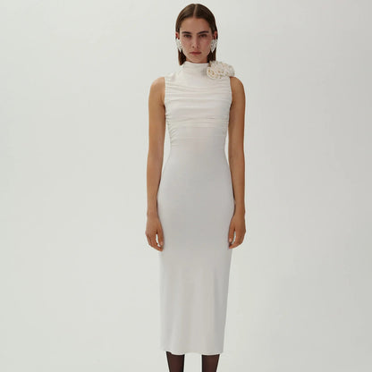 LOVEVOP popular new long dress sleeveless pleated three-dimensional flower design sense hip white temperament  women's dress