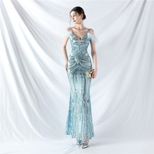 31969 #Popular trade new dress craft order ostrich hair positioning flower bead piece evening dress