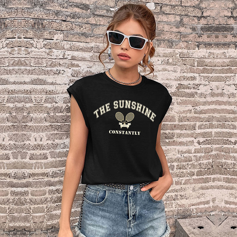 LOVEVOP Cross-border new product popular summer 2025 vest crew neck letter printed top women's Popular trade sleeveless sports t-shirt