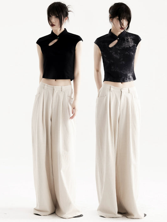 APOZi collection new Chinese stand-up collar short sleeve summer retro flying sleeve hollow top