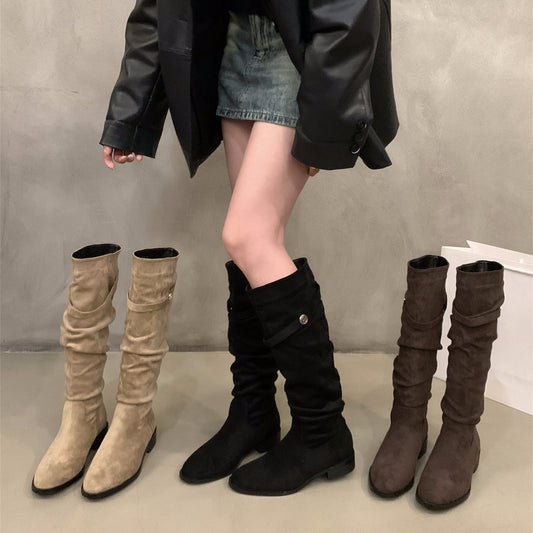 2025  Thick heel skinny boots women's shoes popular new autumn and winter piled boots medium tube knight long boots